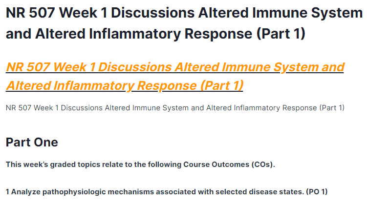 NR 507 Week 1 Discussions Altered Immune System and Altered Inflammatory Response (Part 1)