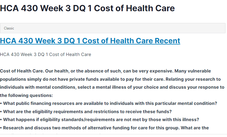 hca 430 week 3 dq 1 cost of health care