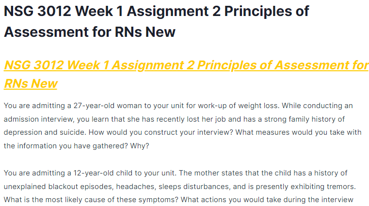 nsg 3012 week 1 assignment 2 principles of assessment for rns new