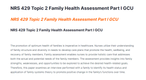 NRS 429 Topic 2 Family Health Assessment Part I GCU
