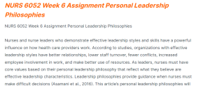 NURS 6052 Week 6 Assignment Personal Leadership Philosophies