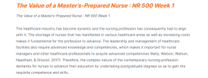 the value of a master’s-prepared nurse  nr 500 week 1