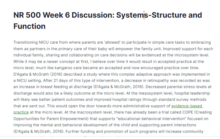 NR 500 Week 6 Discussion: Systems-Structure and Function