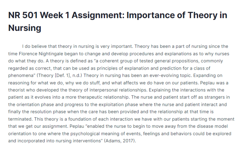 NR 501 Week 1 Assignment: Importance of Theory in Nursing