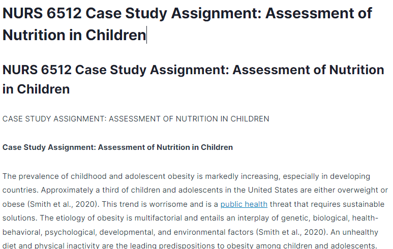 NURS 6512 Case Study Assignment: Assessment of Nutrition in Children
