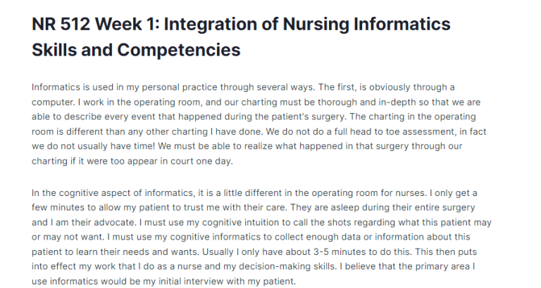 NR 512 Week 1: Integration of Nursing Informatics Skills and Competencies