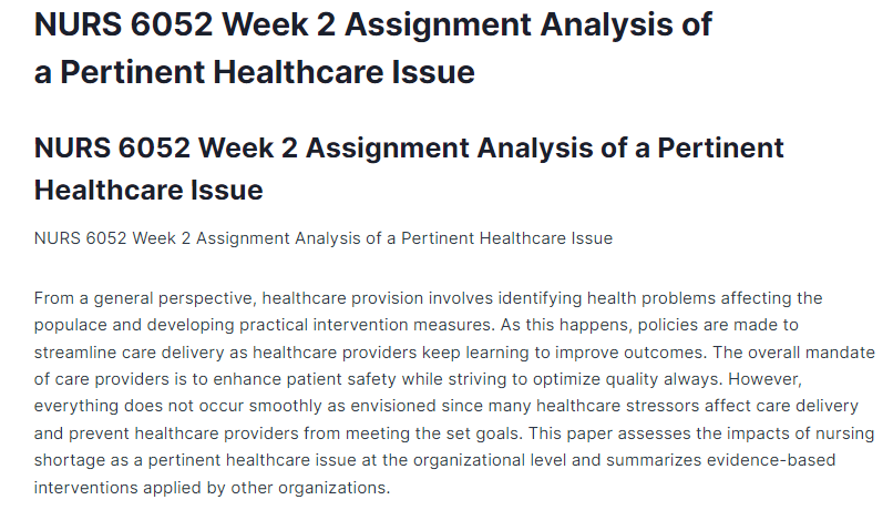 nurs 6052 week 2 assignment analysis of a pertinent healthcare issue