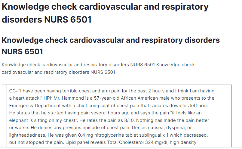 Knowledge check cardiovascular and respiratory disorders NURS 6501