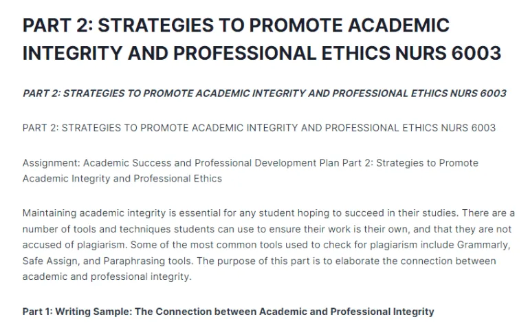 PART 2: STRATEGIES TO PROMOTE ACADEMIC INTEGRITY AND PROFESSIONAL ETHICS NURS 6003