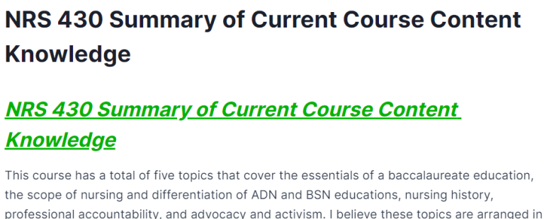 nrs 430 summary of current course content knowledge
