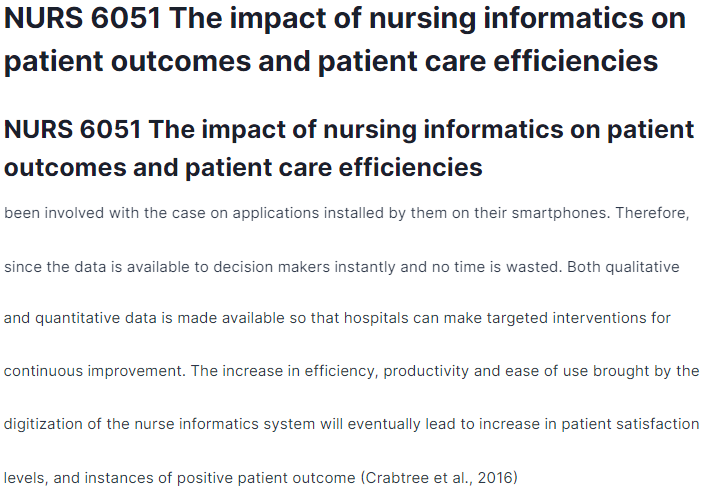 NURS 6051 The impact of nursing informatics on patient outcomes and patient care efficiencies