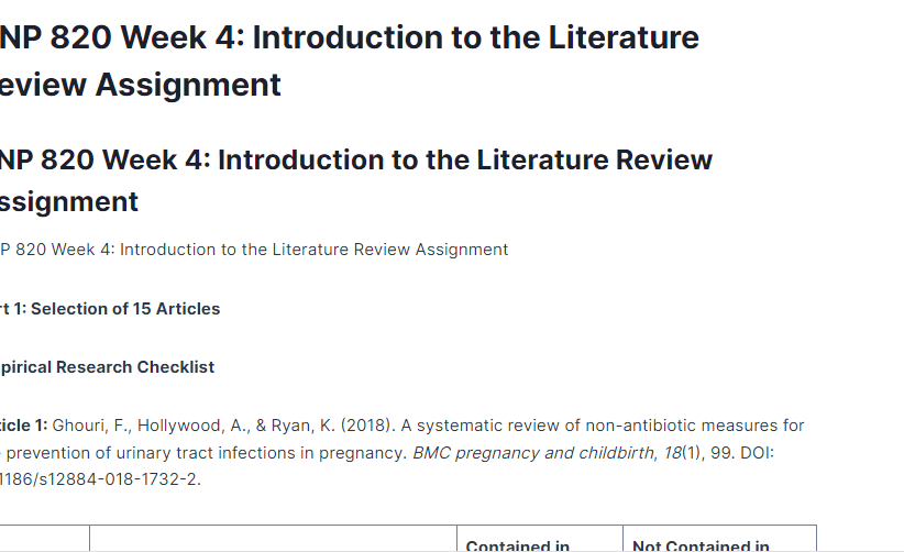 DNP 820 Week 4: Introduction to the Literature Review Assignment