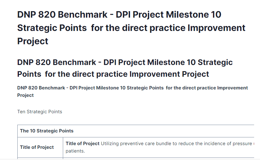 DNP 820 Benchmark - DPI Project Milestone 10 Strategic Points  for the direct practice Improvement Project