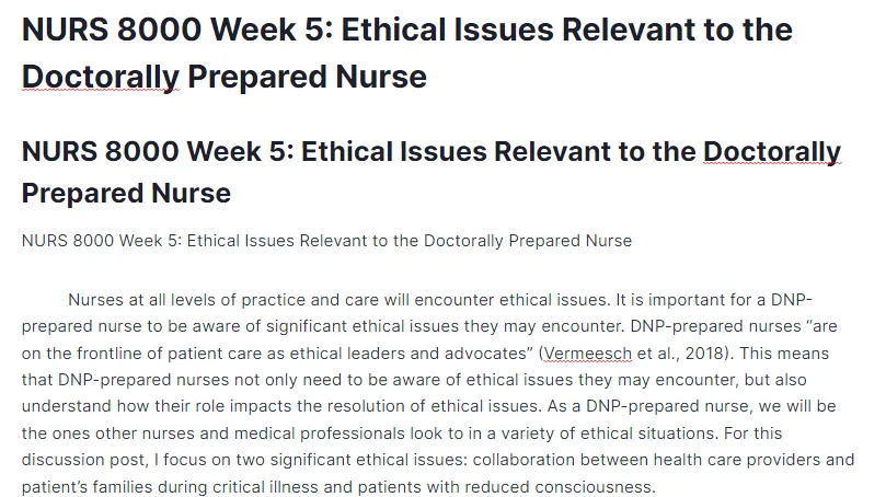 NURS 8000 Week 5: Ethical Issues Relevant to the Doctorally Prepared Nurse