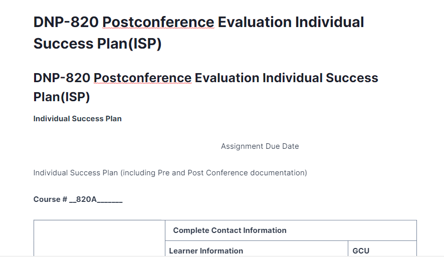 dnp-820 postconference evaluation individual success plan(isp)