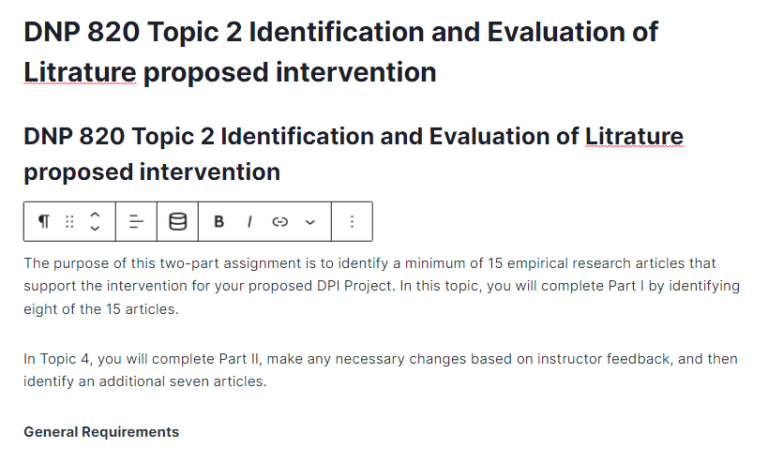DNP 820 Topic 2 Identification and Evaluation of Litrature proposed intervention