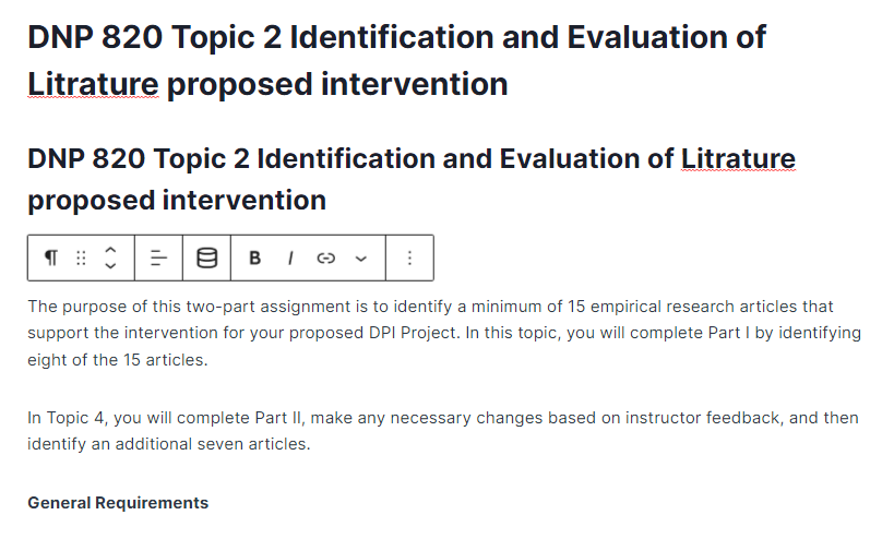 DNP 820 Topic 2 Identification and Evaluation of Litrature proposed intervention